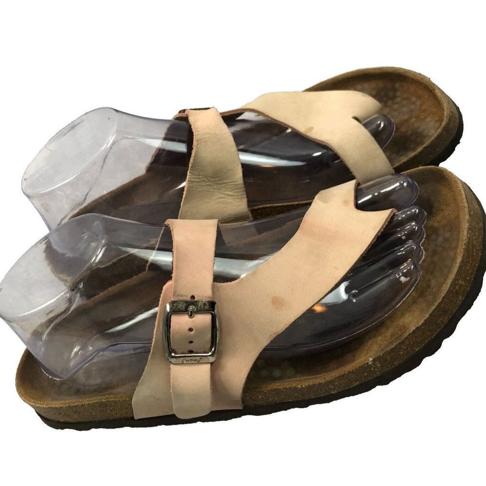 Biostep Womens Sz 9.5 Natural Tan Brown Leather Thong Flat Sandals